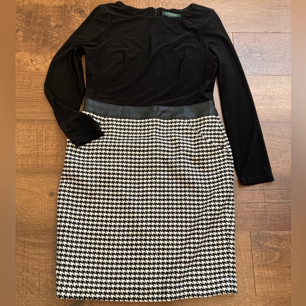 Lauren Ralph Lauren Black Houndstooth Preppy Dress Faux Leather Trim Women’s 8P